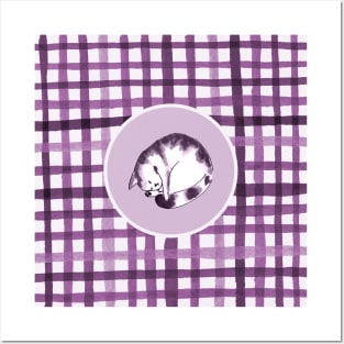 Plaid cat in purple palette Posters and Art